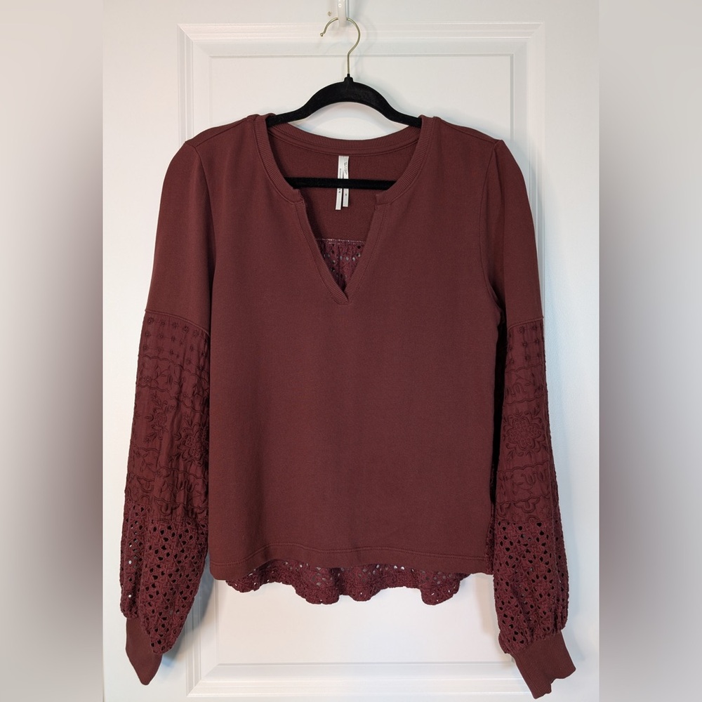Anthropologie Womens Maroon Eyelet V Neck Sweatshirt Size XS